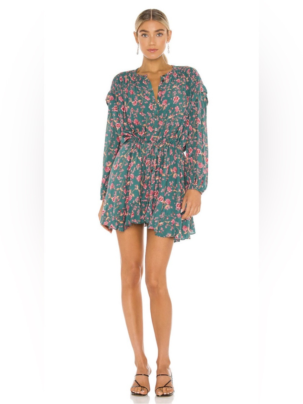 Free People Teal Floral Long Sleeve Mini Dress with Pink Flowers
